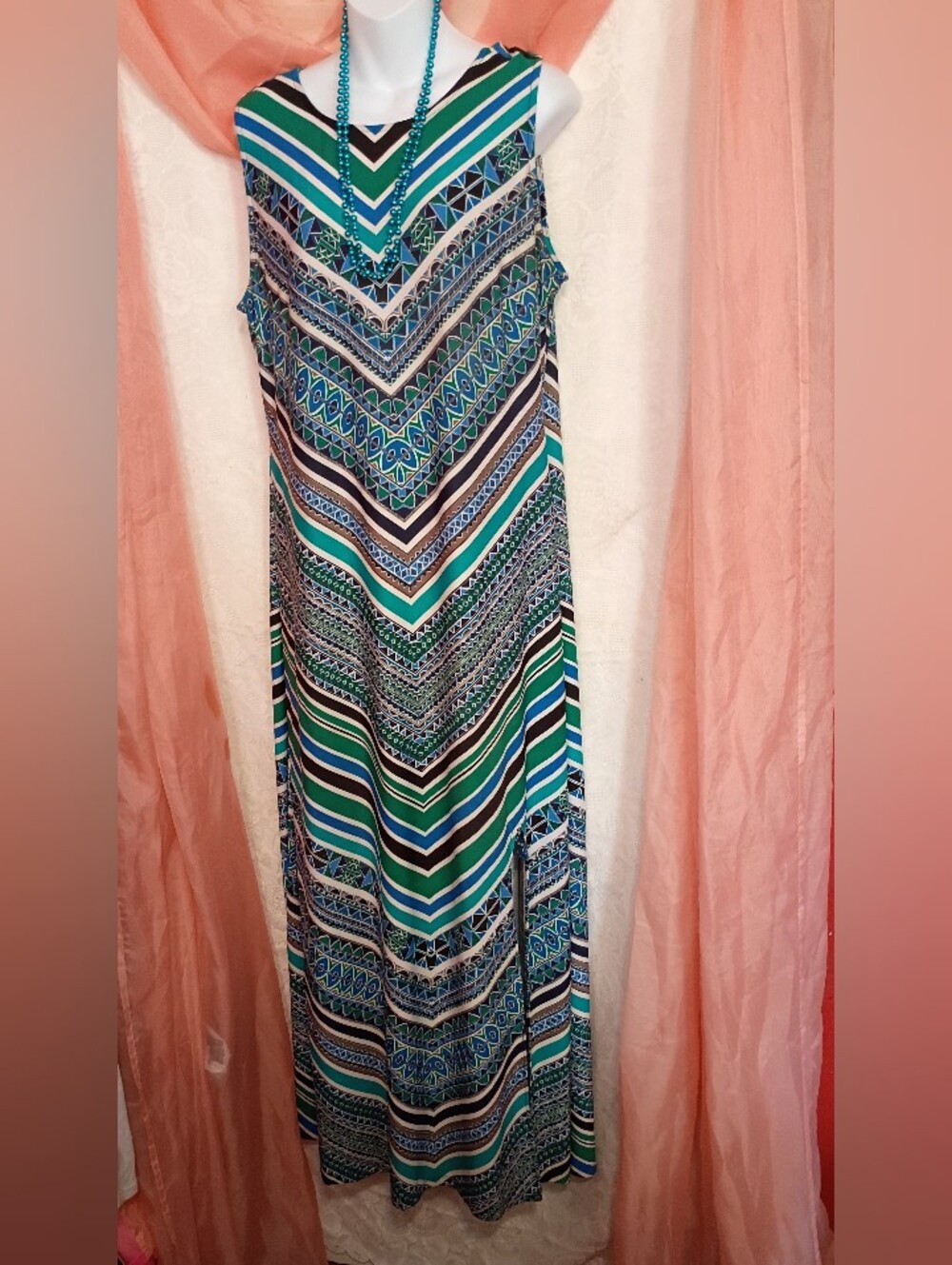 Beige by eci Sleeveless Chevron & Geometric Maxi Dress in Teal, Blue & Black